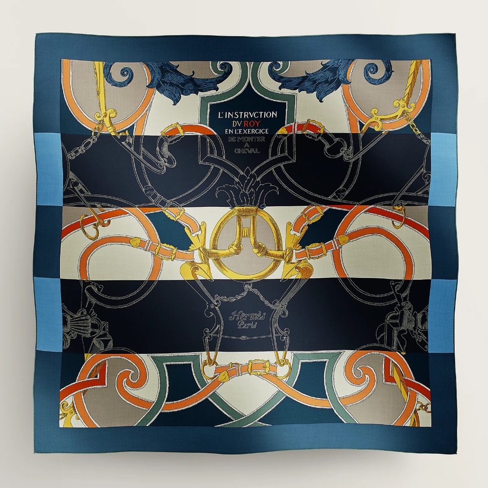 Hermès L'Instruction du Roy Bayadere shawl 140 Silk Cashmere bleu ardoise/marine